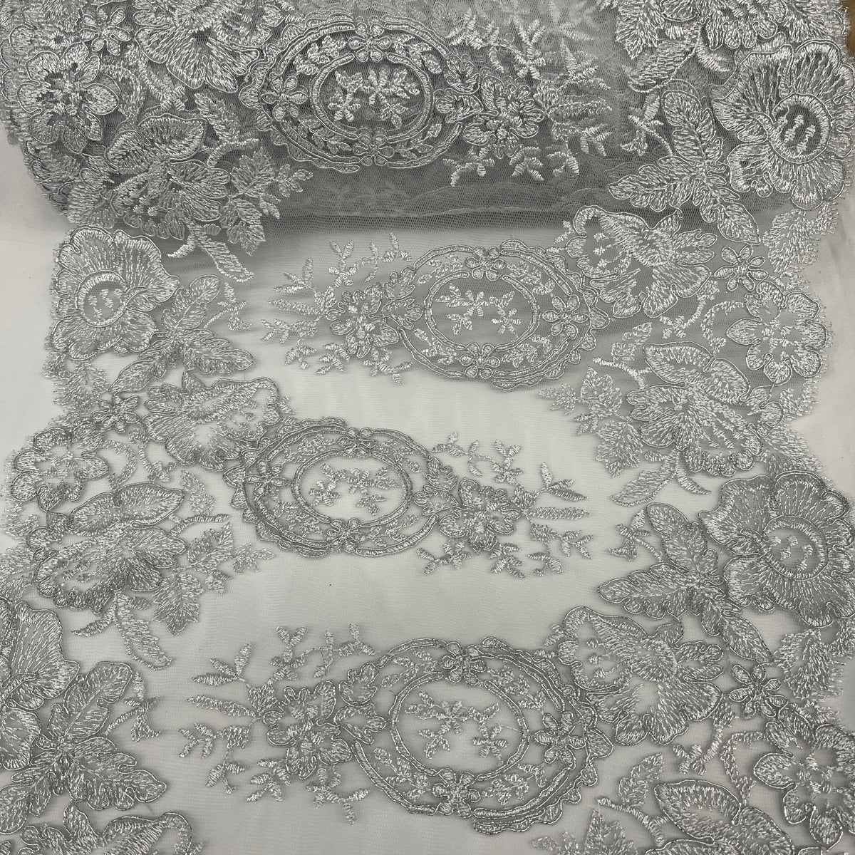 1 Yard 12.5" Wide Corded Double Sided Lace Trimming Embroidered on 100% Polyester Net Mesh