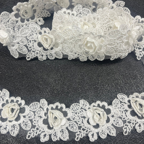 1 Yard 3D Floral Embroidered Lace Trim 2" Wide 100% Polyester Net Mesh for Bridal & Evening Wear