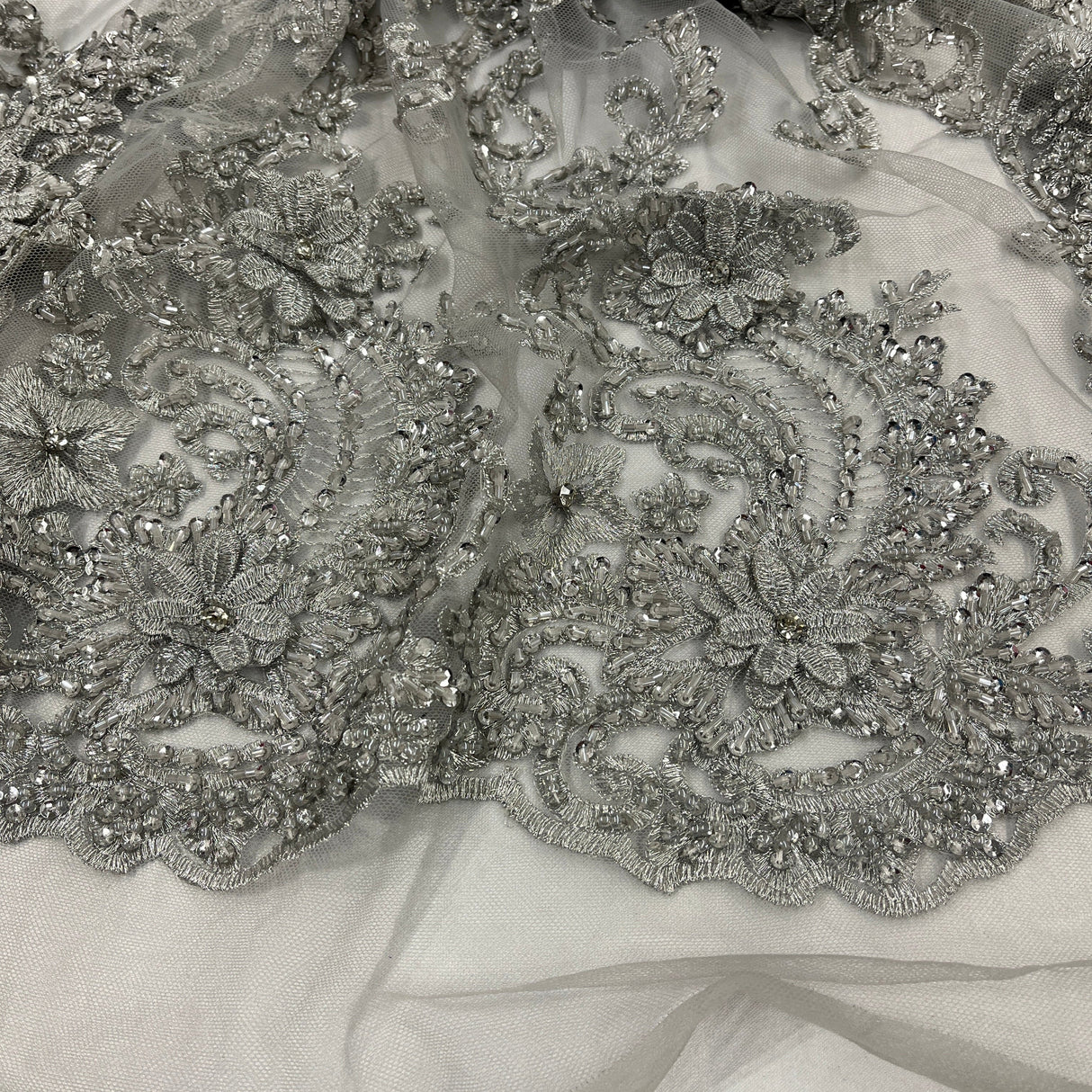 Beaded 3D Floral Lace Fabric - Embroidered 100 Percent Polyester Net Mesh, 3D Floral Beaded Design, 52" Wide (1 Yard)