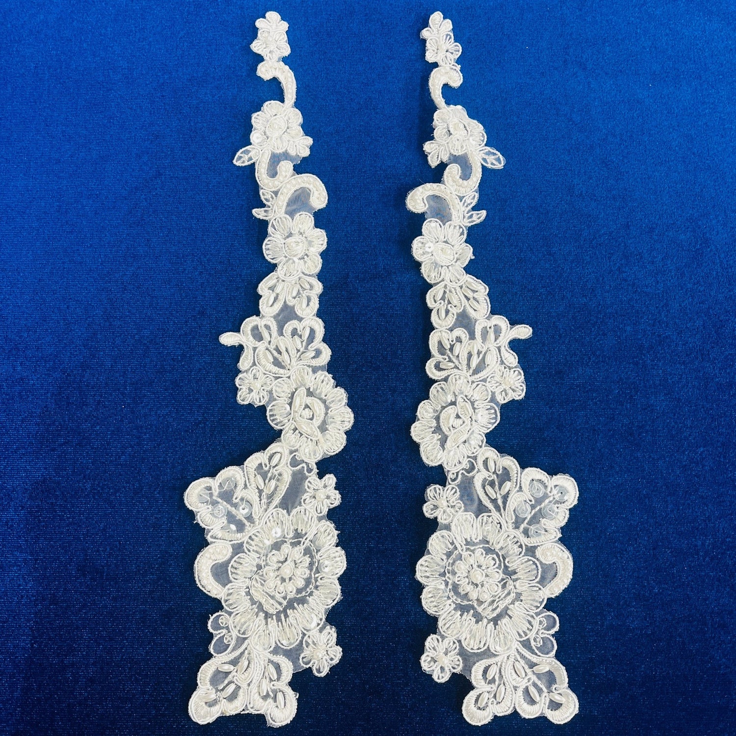 1 Pair 12" x 3" Each Side Beaded & Corded Floral Lace Applique 100% Polyester Organza