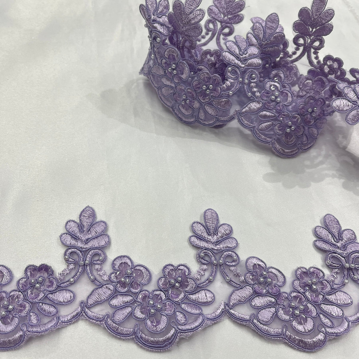 1 Yard Beaded & Corded Embroidered Lace Trim 3" Wide 100% Polyester for Bridal & Evening Dresses