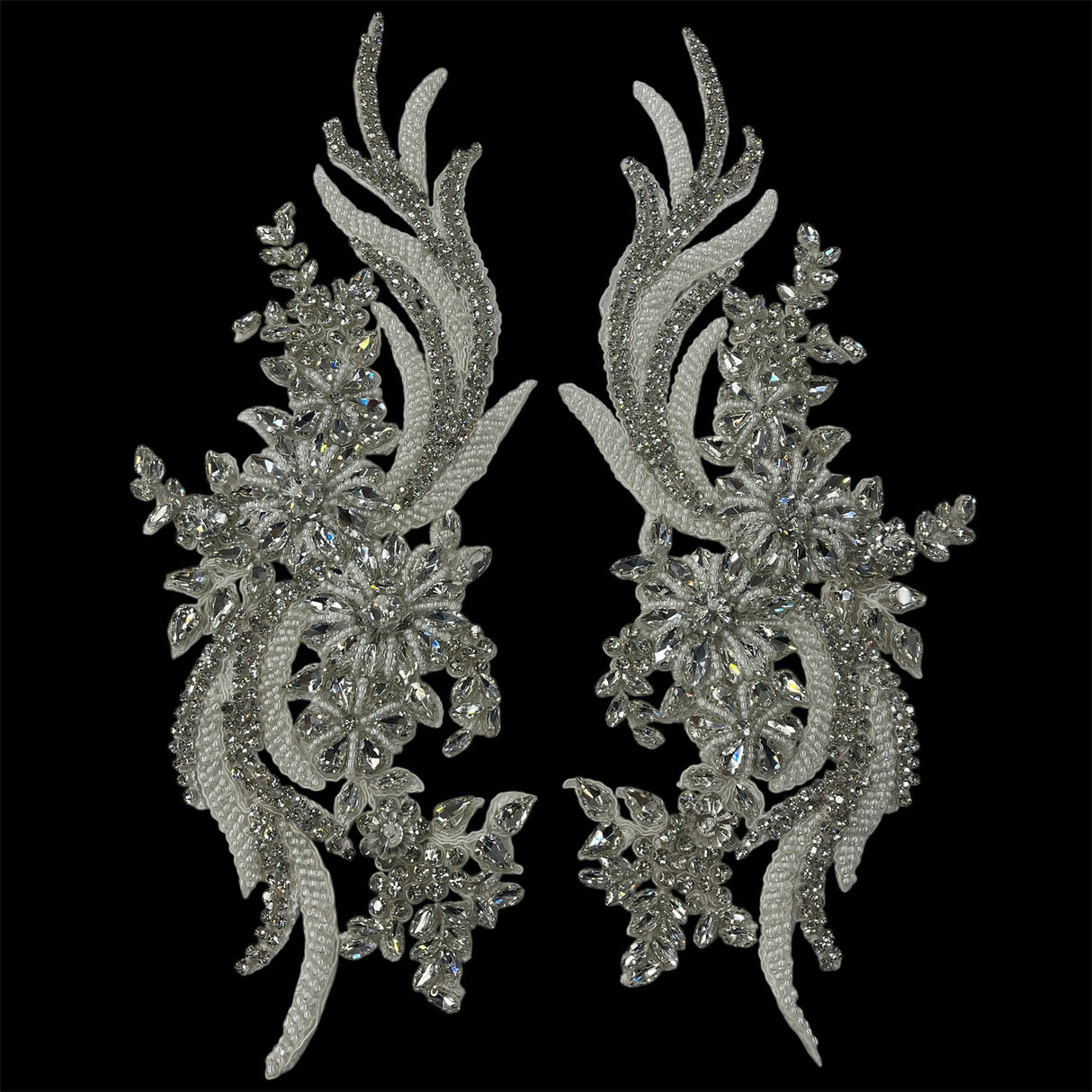 1 Pair 14" x 4" Each Side Crystal Rhinestone Beaded & Corded Lace 100% Polyester