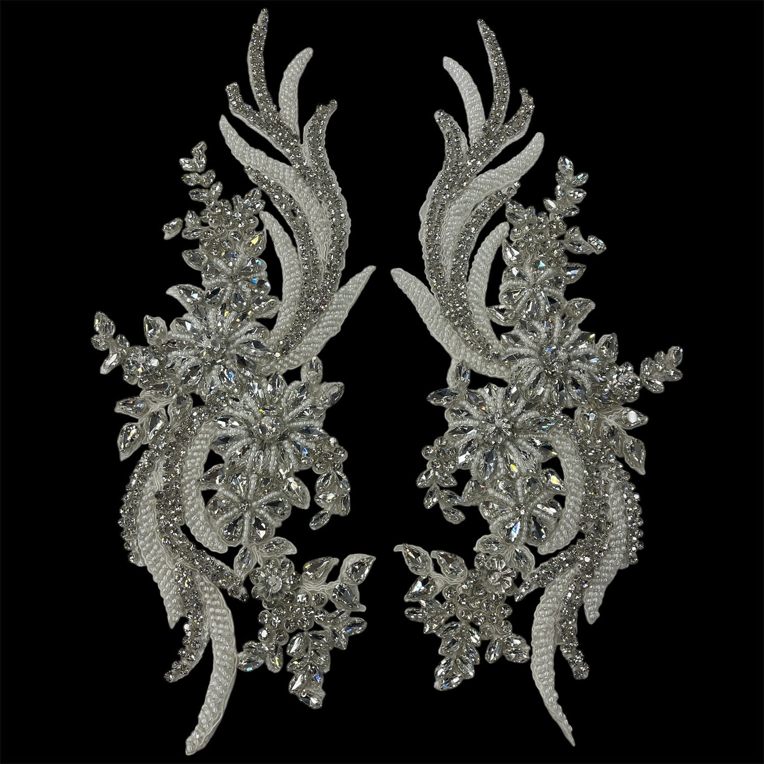 1 Pair 14" x 4" Each Side Crystal Rhinestone Beaded & Corded Lace 100% Polyester