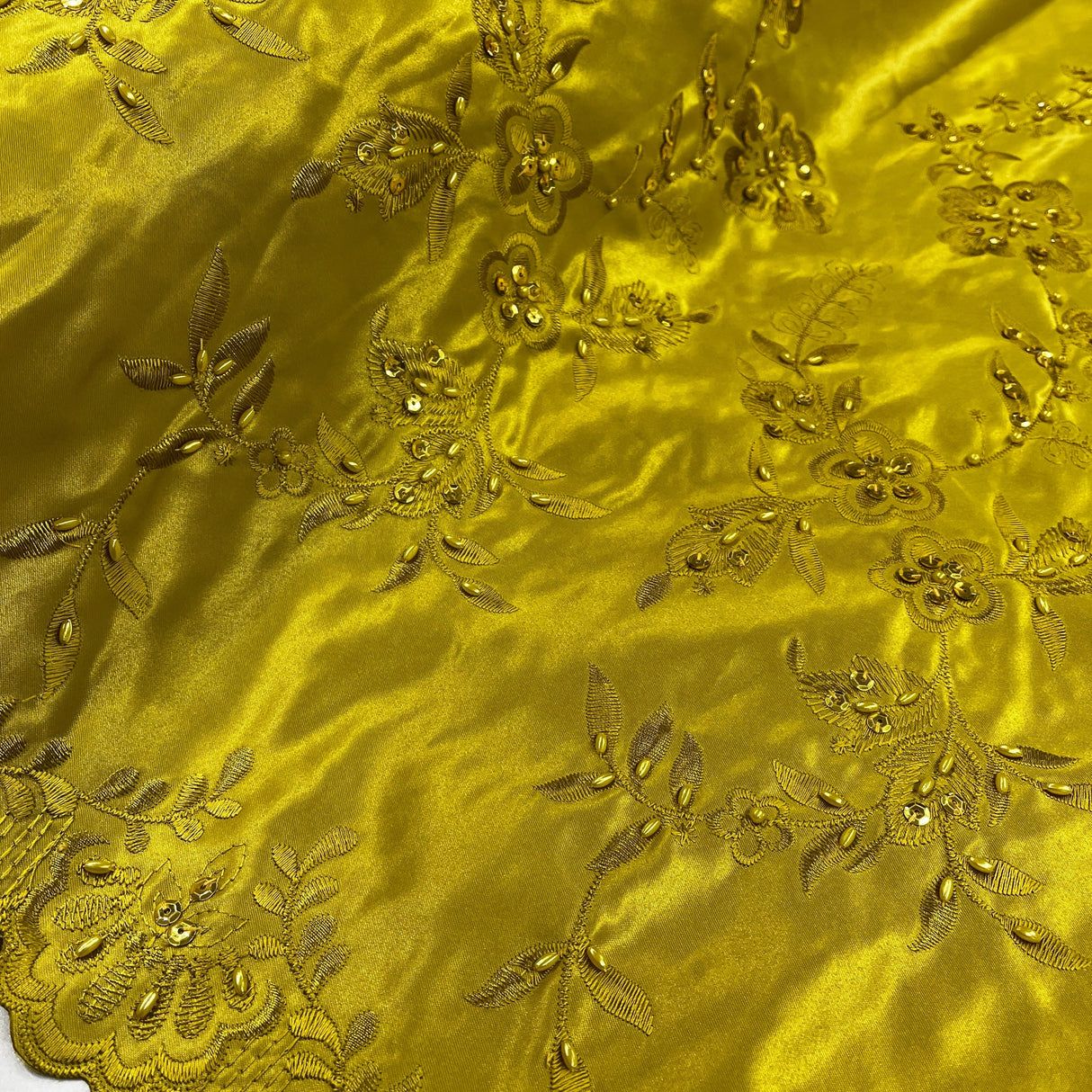 Beaded Bridal Lace Fabric - 100 Percent Polyester Satin, Floral Embroidery, 54" Width (1 Yard)