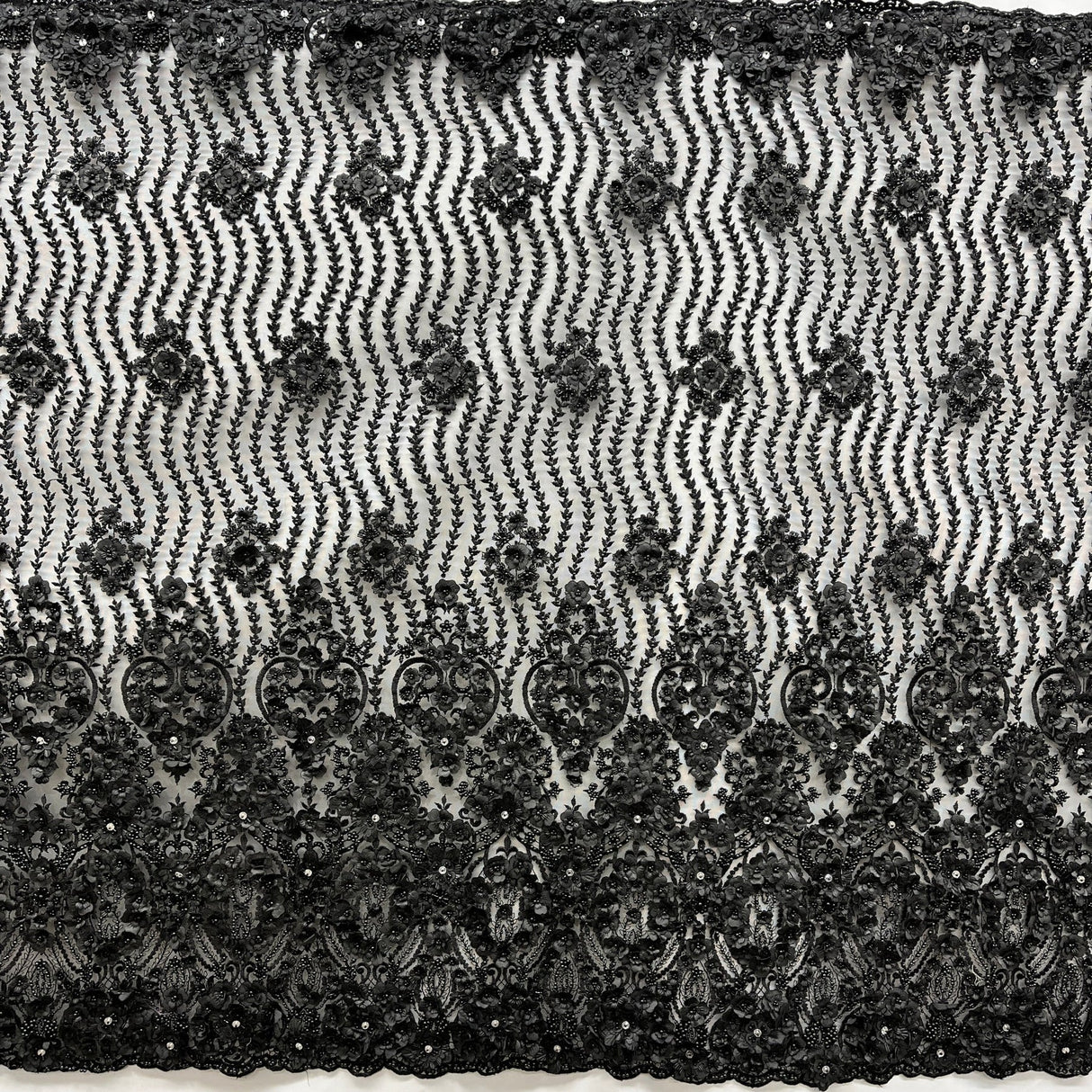 1 Yard Black Beaded 3D Floral Lace Fabric, Embroidered Mesh on Polyester, 48" Wide