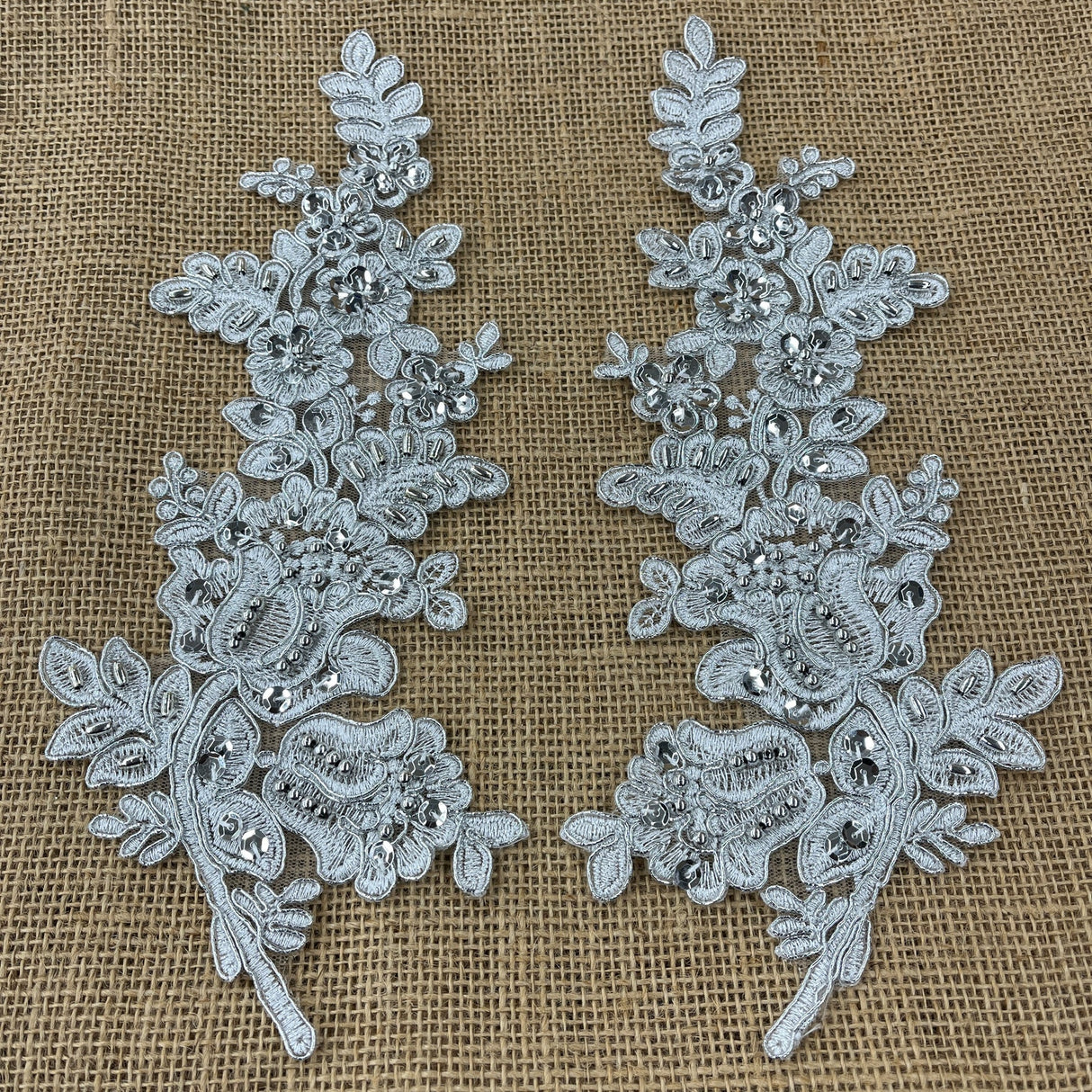 1 Pair 12" x 3.5" Beaded & Corded Floral Lace Applique 100% Polyester Net Mesh