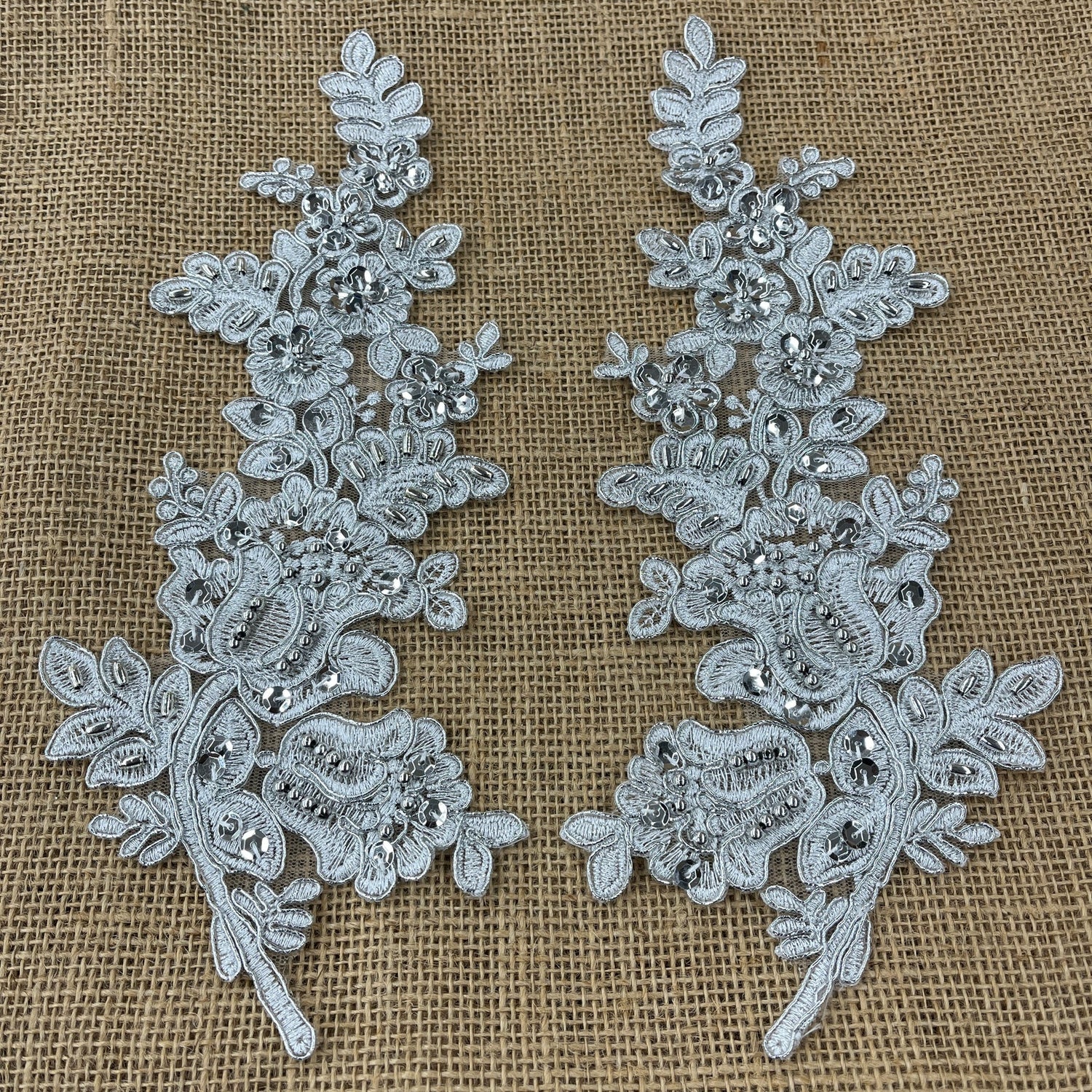 1 Pair 12" x 3.5" Beaded & Corded Floral Lace Applique 100% Polyester Net Mesh