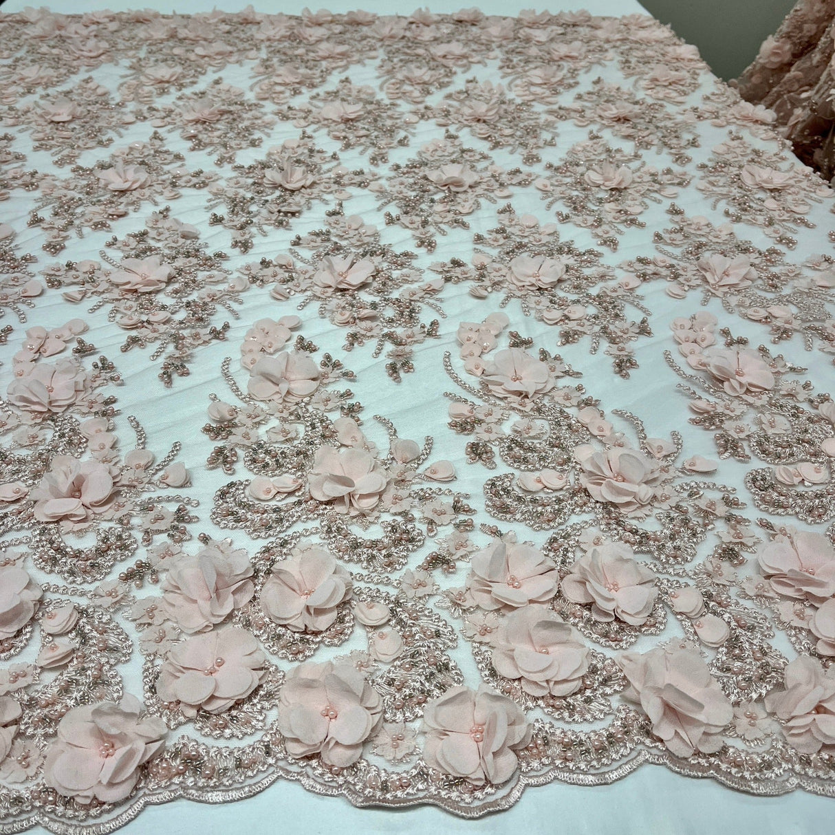 Beaded 3D Floral Lace Fabric Peach 48" Wide