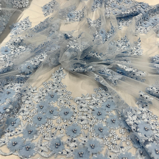 1 Yard Beaded 3D Floral Lace Fabric Embroidered on 100% Polyester Net Mesh