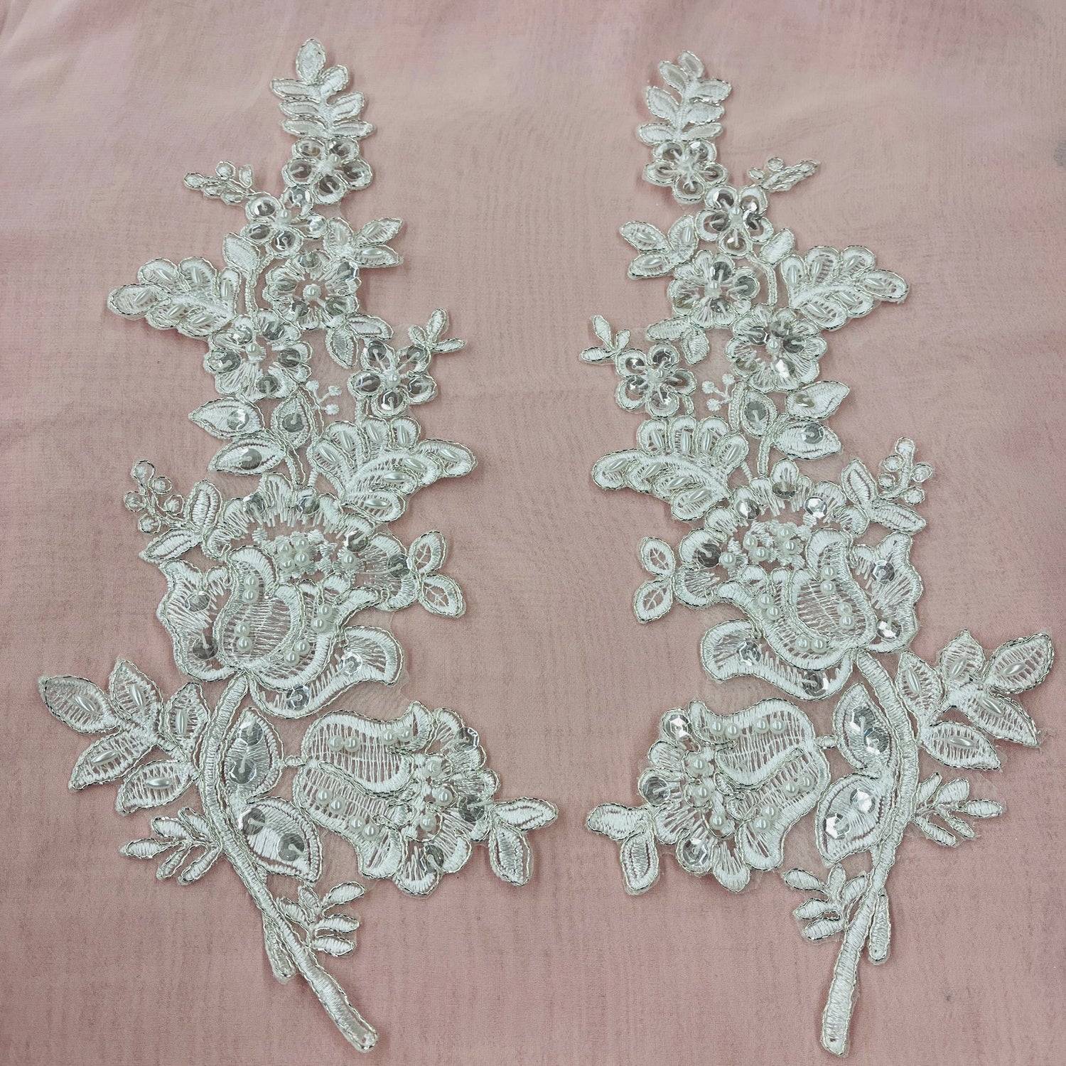 1 Pair 12" x 3.5" Beaded & Corded Floral Lace Applique 100% Polyester Net Mesh