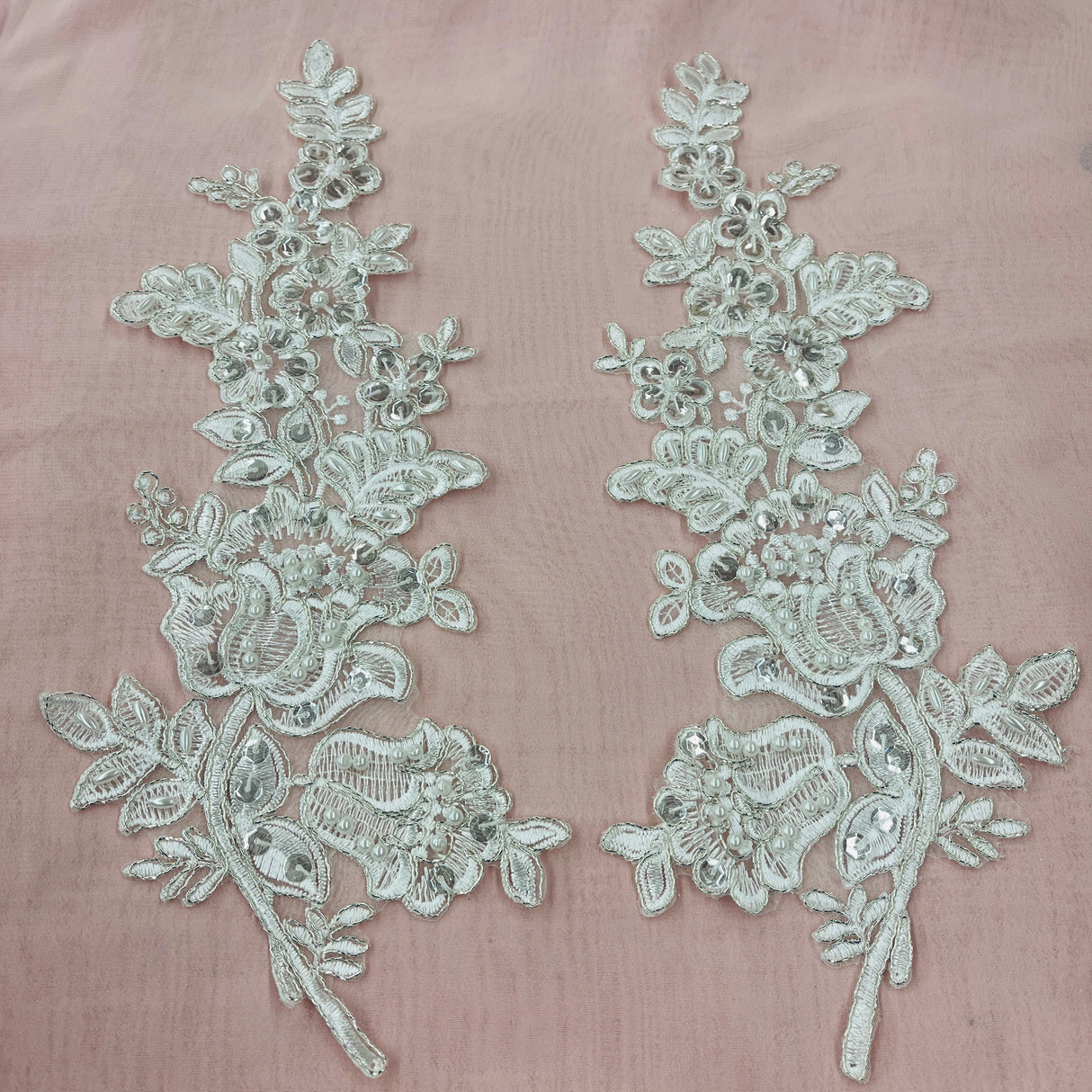 Beaded Corded Floral Lace Applique 100% Polyester Net Mesh
