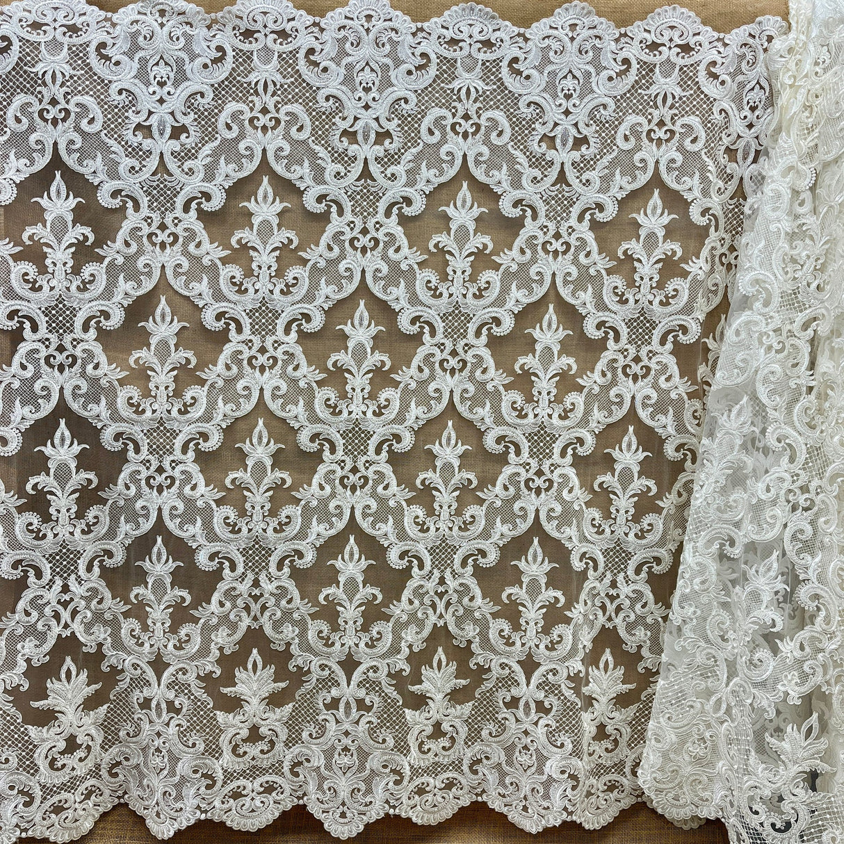 1 Yard Beaded & Corded Bridal Lace Fabric Embroidered on Polyester Net Mesh 53" Wide