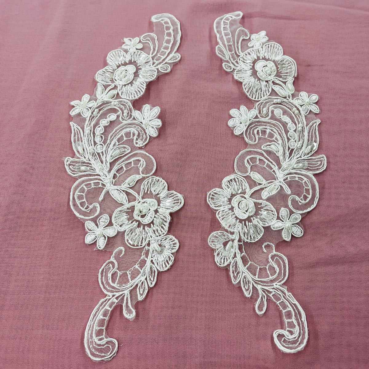 1 Yard Beaded and Corded Floral Lace Applique 10" x 3" Each Side Embroidered on 100% Polyester Organza