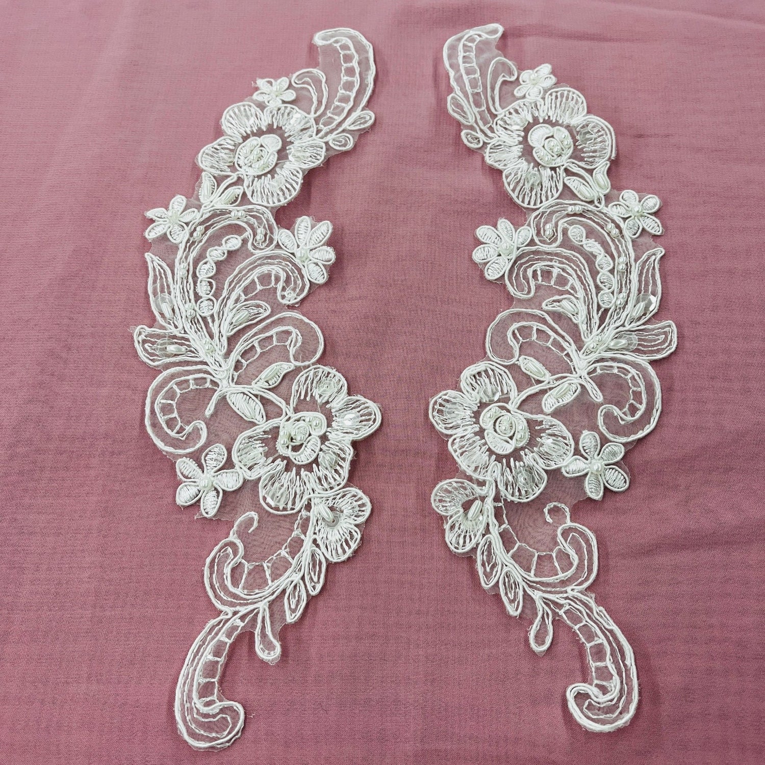 1 Pair Beaded & Corded Floral Lace Applique 10" x 3" Each Side
