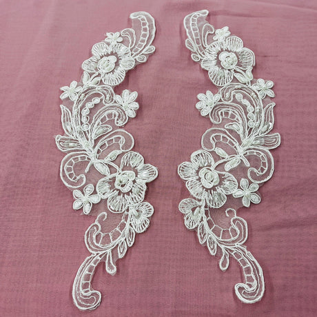 1 Pair Beaded & Corded Floral Lace Applique 10" x 3" Each Side