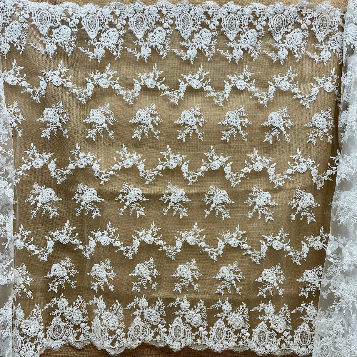 Beaded Corded Bridal Lace Fabric White Ivory 49" Wide