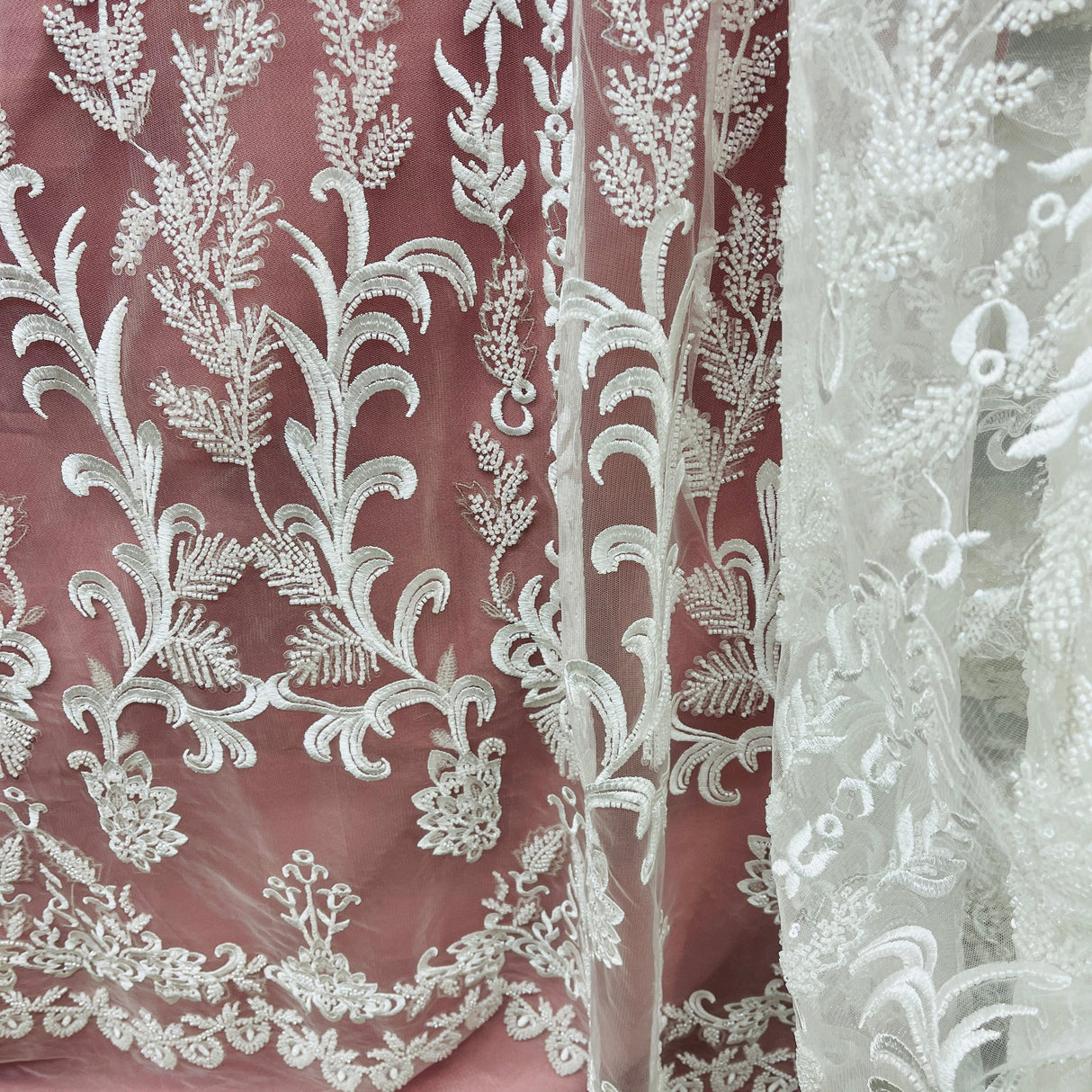 Beaded Lace Fabric on Polyester Net Mesh