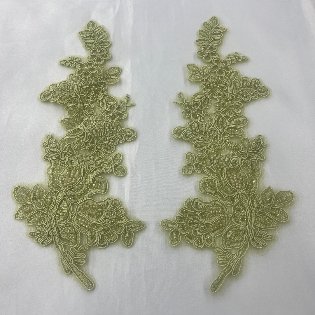 1 Pair 12" x 3.5" Beaded & Corded Floral Lace Applique 100% Polyester Net Mesh