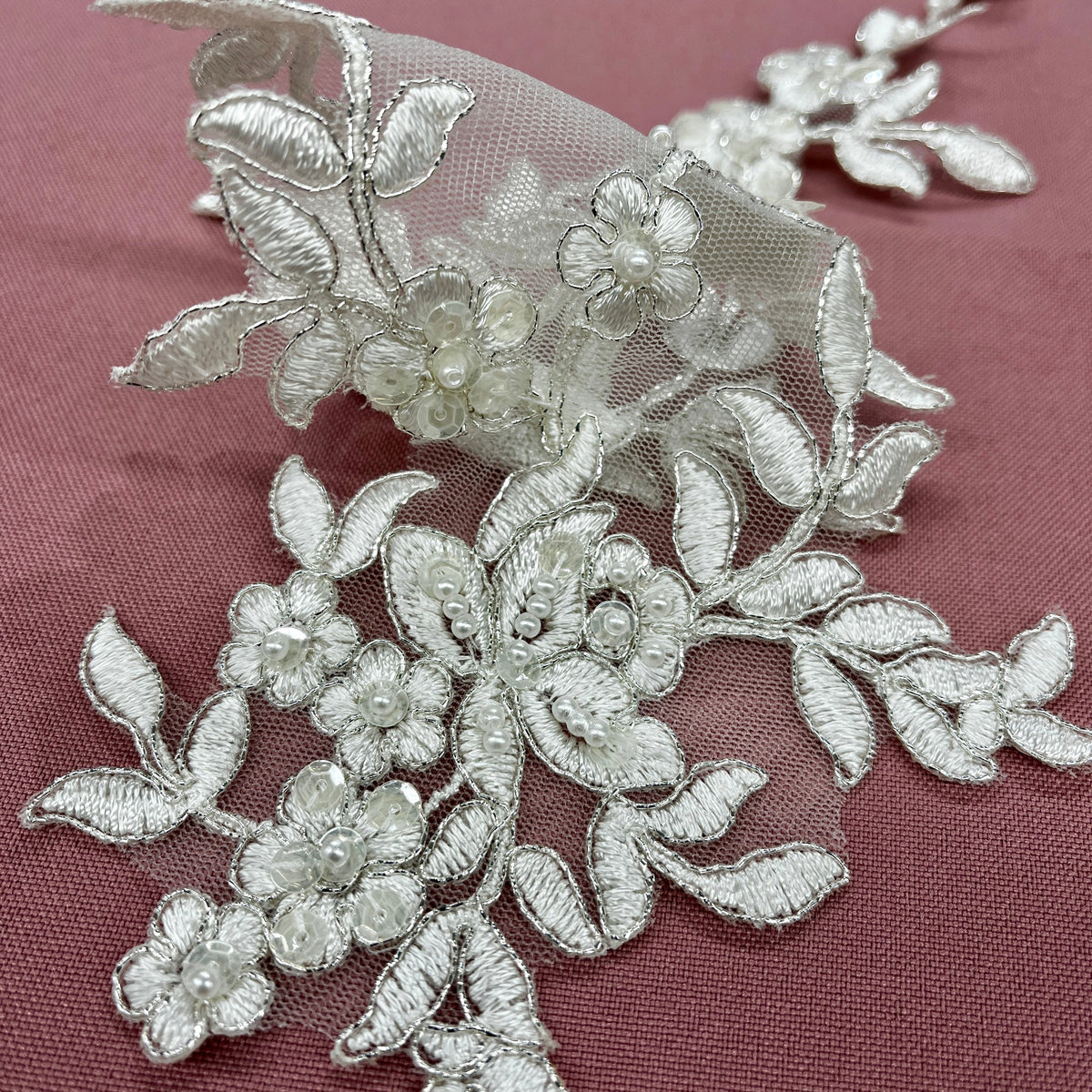 1 Yard Beaded and Corded Floral Lace Applique Net Mesh 17" x 4.5" Each Side