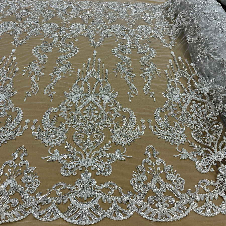 1 Yard Elegant Beaded Lace Fabric Embroidered on Polyester Net Mesh