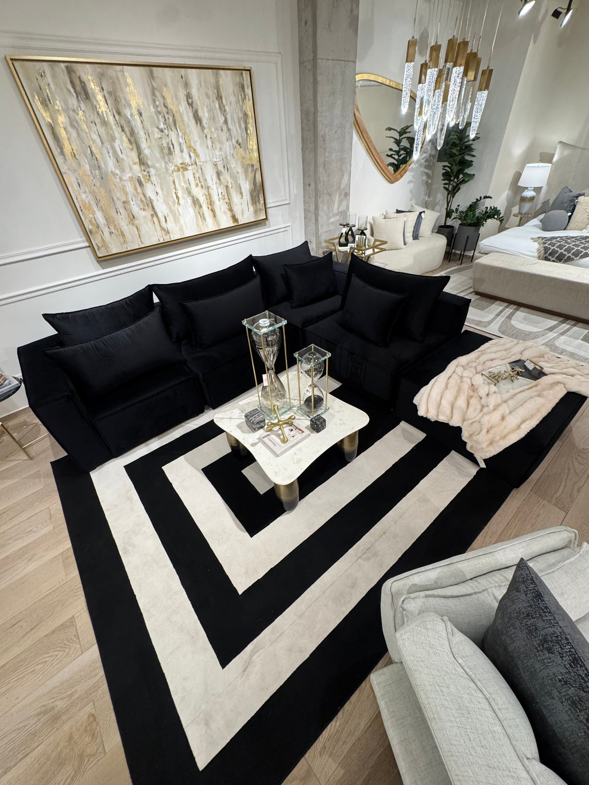 Z341A Polyester Fabric - Black & White Geometric Square Area Rug, Soft Texture, Modern Design, 5' 3" X 7' 6" (1 Piece)