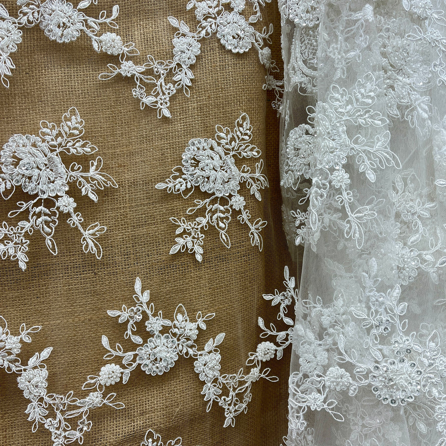 1 Yard Beaded & Corded Bridal Lace Fabric Embroidered on 100% Polyester Net Mesh