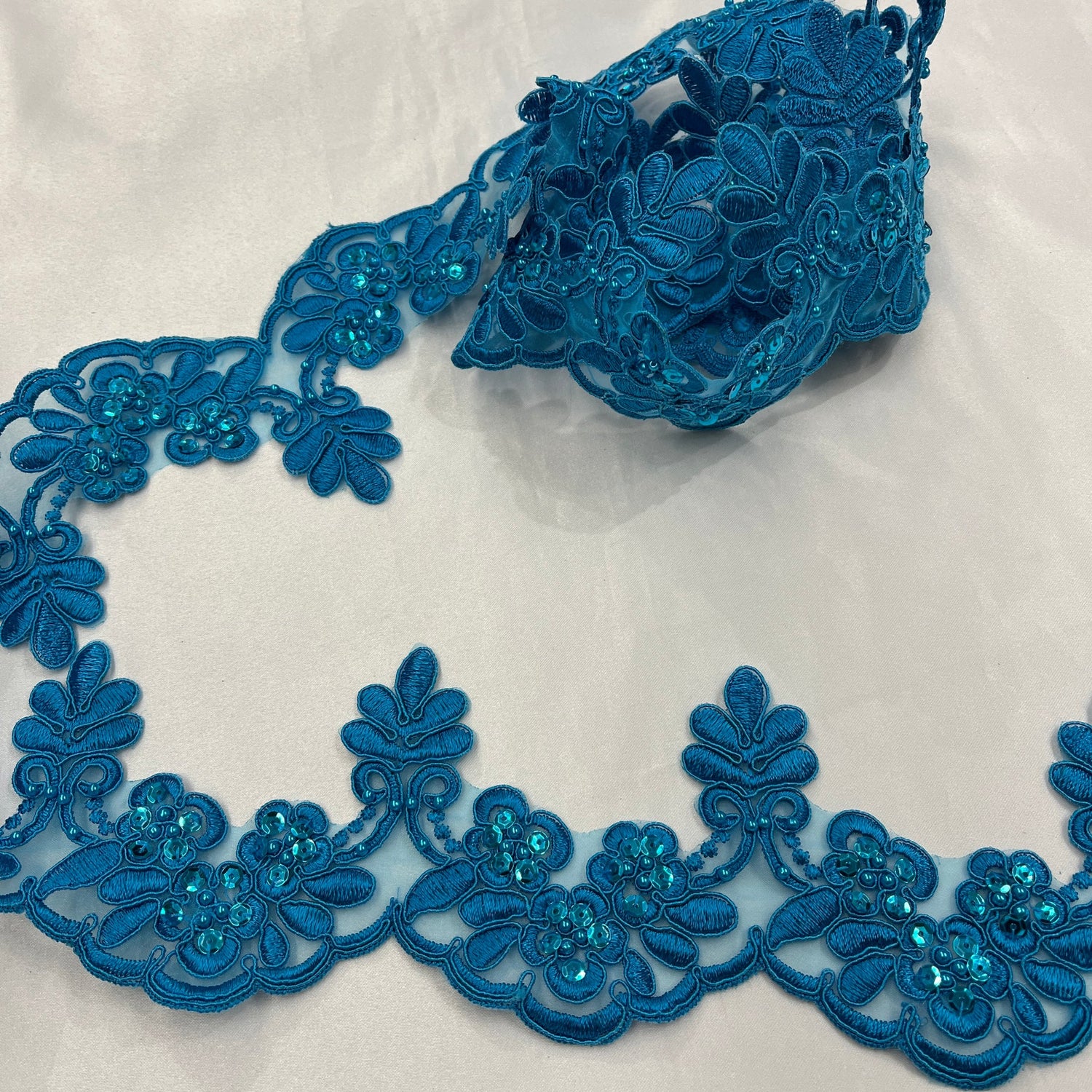 1 Yard Beaded & Corded Embroidered Lace Trim 3" Wide 100% Polyester for Bridal & Evening Dresses