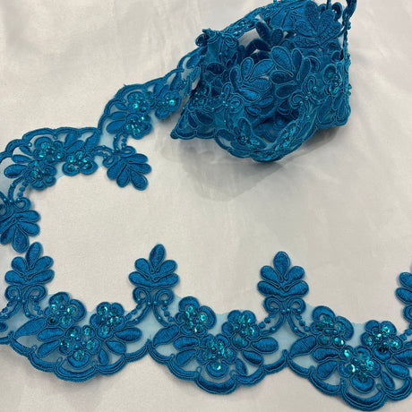 1 Yard Beaded & Corded Embroidered Lace Trim 3" Wide 100% Polyester for Bridal & Evening Dresses