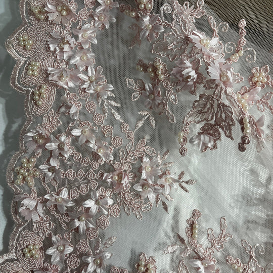 1 Yard Stunning Beaded 3D Floral Lace Fabric Embroidered on Polyester Net Mesh
