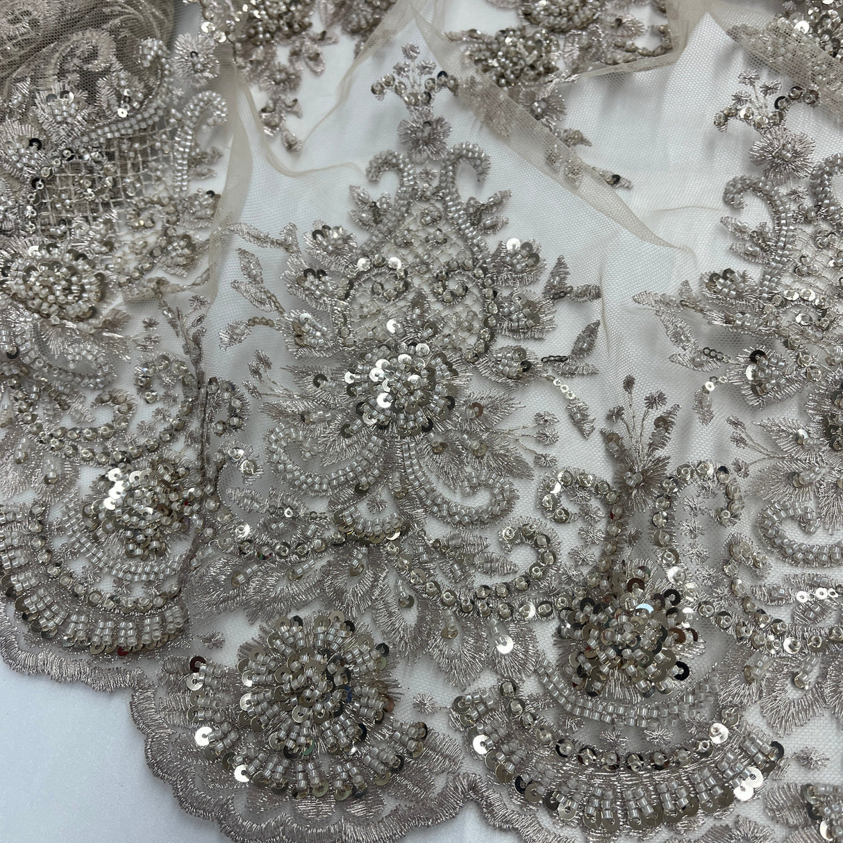 Beaded Lace Fabric on Polyester Net Mesh 50"