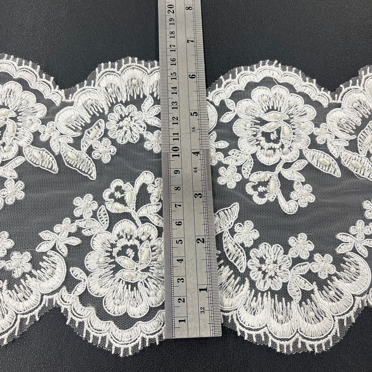 Beaded Corded Floral Lace Trim White
