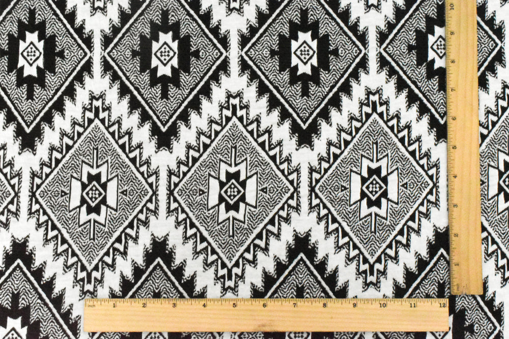 1 Yard Simple Black & White Aztec Jacquard Stretch Poly Double Knit Fabric 62 Inches Width