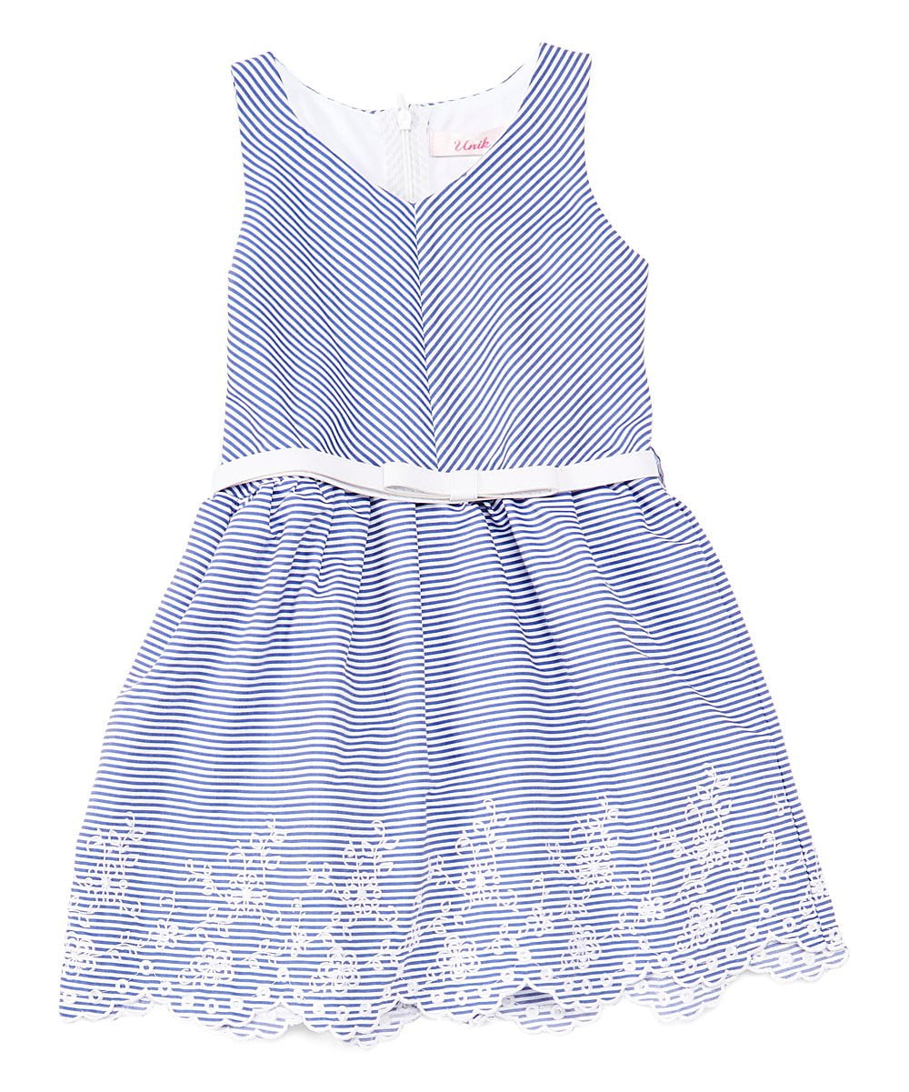 Girl Striped Dress With White Belt - Girls Dresses Fabric, Blue, Red, Pink, Denim, Striped, Sleeveless, White Belt (1 Piece)