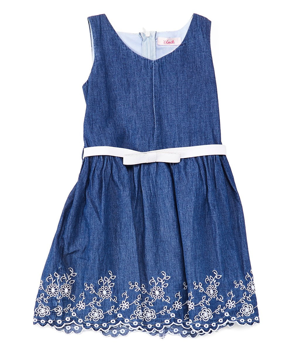Girl Striped Dress With White Belt - Girls Dresses Fabric, Blue, Red, Pink, Denim, Striped, Sleeveless, White Belt (1 Piece)
