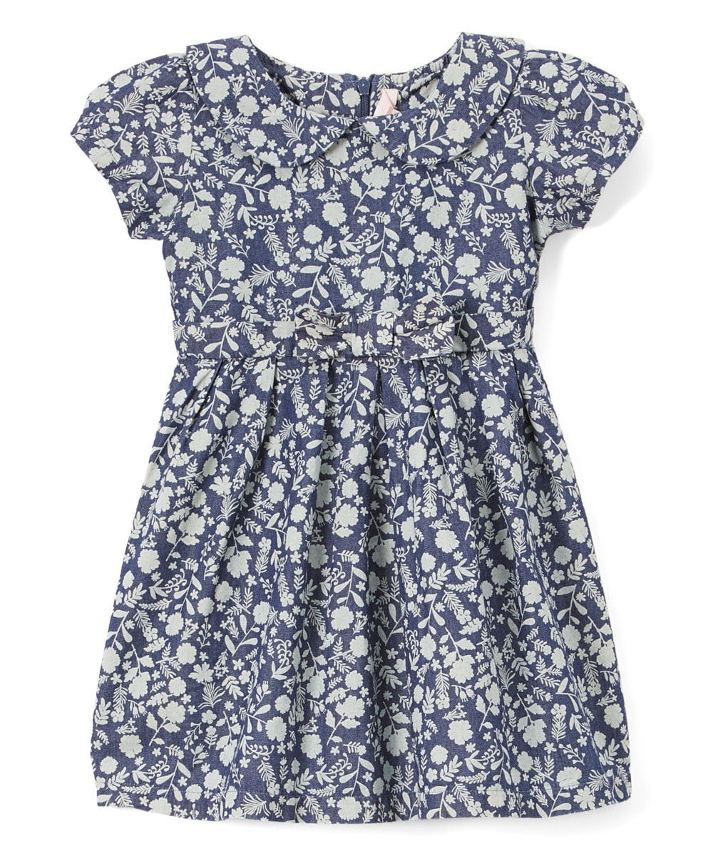 Denim Dress With A Neck Bow Printed Dress - Girls Dress, Printed A-Line Dress, Peter Pan Collar, Fern, Daisy, Magnolia (Sizes 2-8)