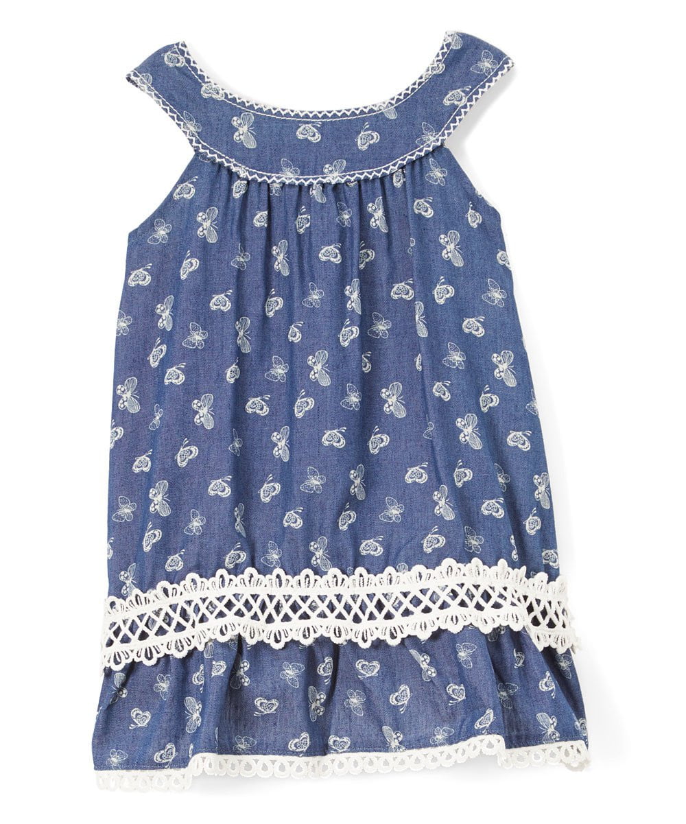 Round Neck Denim Dress - Polka Dots, Swiss Dots, Butterfly, Girls Dress Fabric (6/9Month, 12Month, 18 Month, 24 Month, 2, 3, 4)
