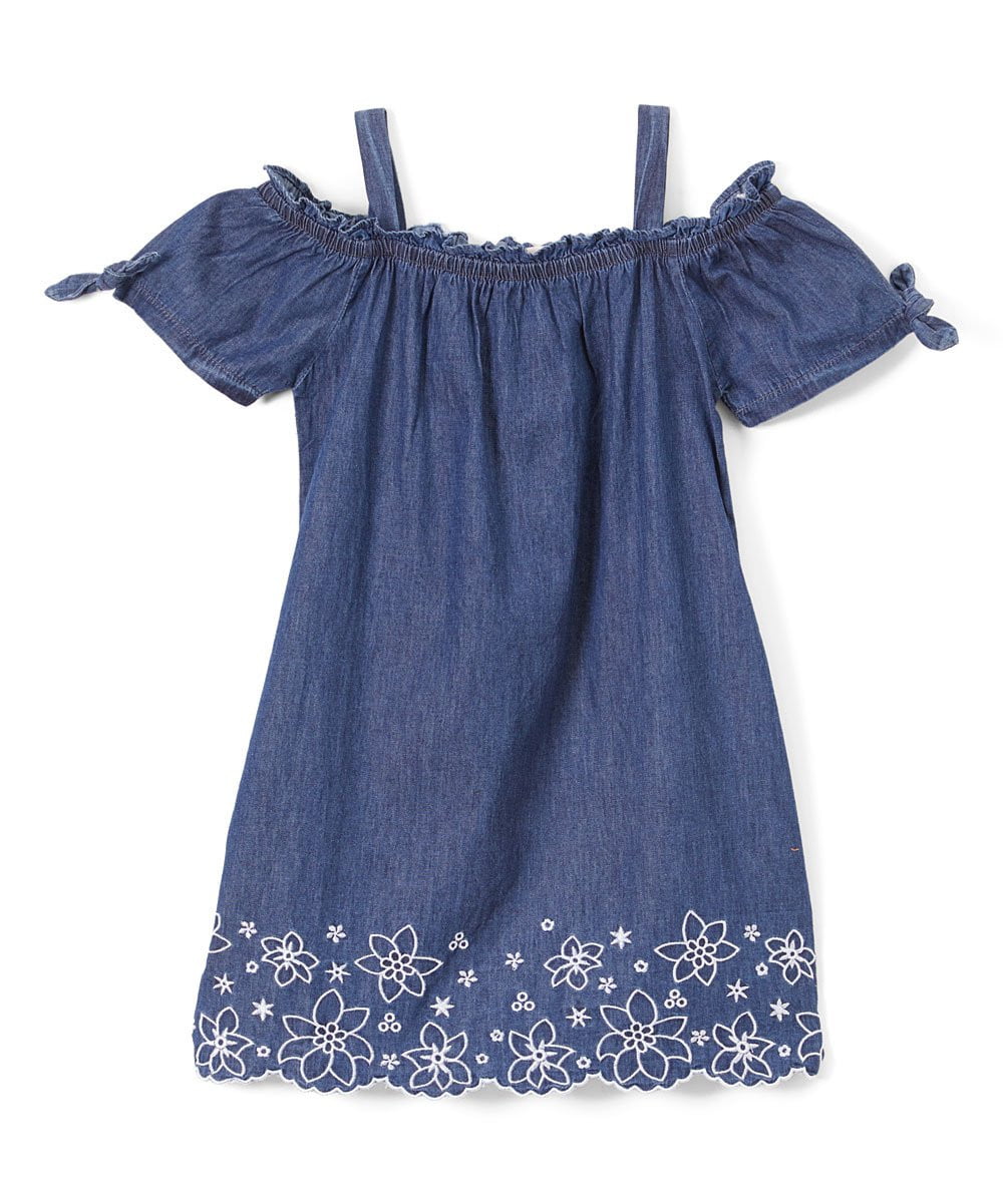 Side Flower Denim Dress - Denim Fabric, Off-Shoulder, Flower Detail, Dark Denim, Light Denim, Sizes 2-8