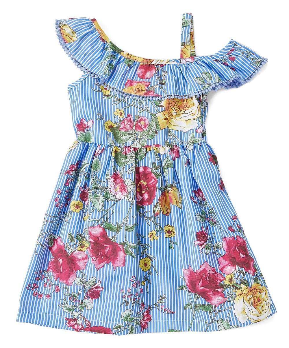 Asymmetrical Off Shoulder Flower Dress - Pink, Blue, Red, Floral Pattern (2-8)