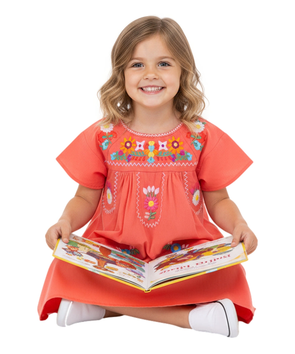 Traditional Mexican Girl Embroidered Dress - 100 Percent Cotton Fabric, Vibrant Embroidery, Knee Length, Multiple Colors, Sizes 2-8