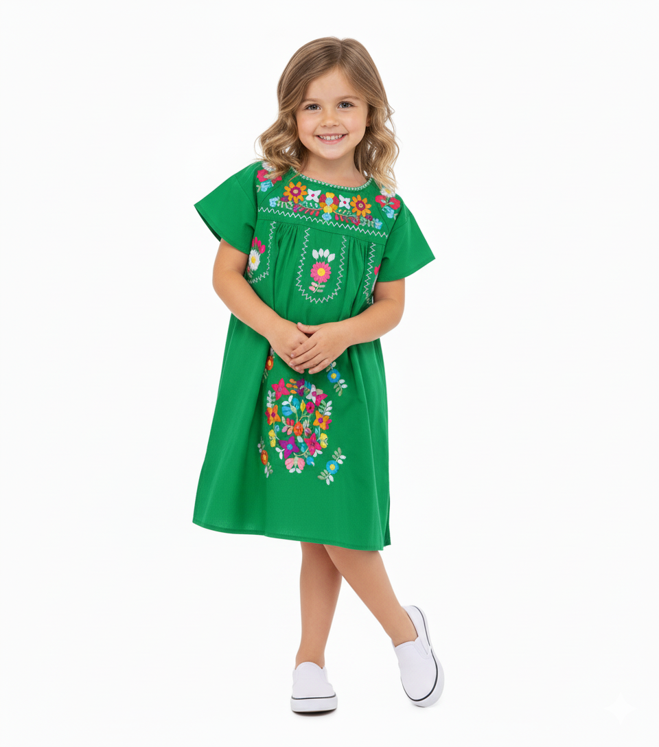 Traditional Mexican Girl Embroidered Dress - 100 Percent Cotton Fabric, Vibrant Embroidery, Knee Length, Multiple Colors, Sizes 2-8