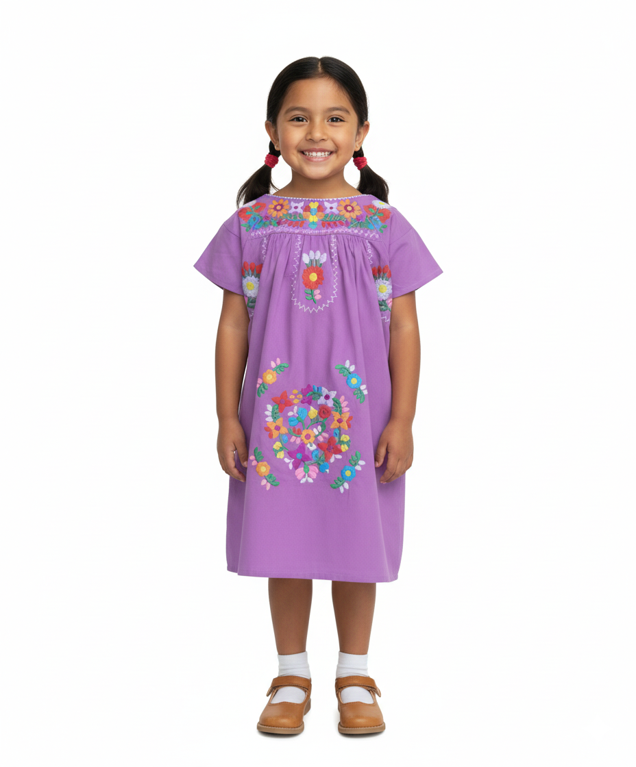 Traditional Mexican Girl Embroidered Dress - 100 Percent Cotton Fabric, Vibrant Embroidery, Knee Length, Multiple Colors, Sizes 2-8