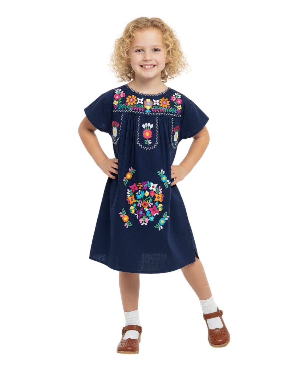 Traditional Mexican Girl Embroidered Dress - 100 Percent Cotton Fabric, Vibrant Embroidery, Knee Length, Multiple Colors, Sizes 2-8
