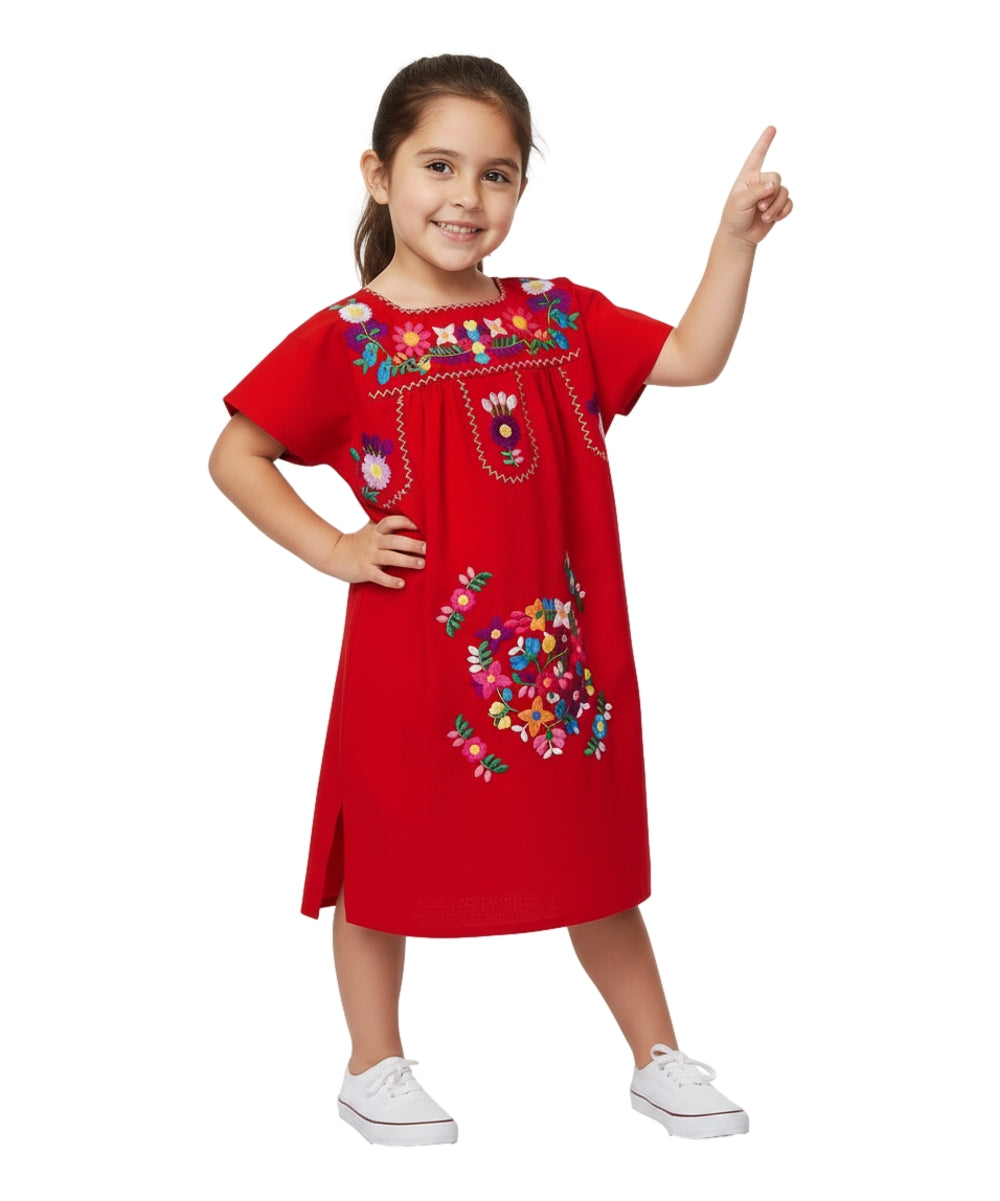 Traditional Mexican Girl Embroidered Dress - 100 Percent Cotton Fabric, Vibrant Embroidery, Knee Length, Multiple Colors, Sizes 2-8