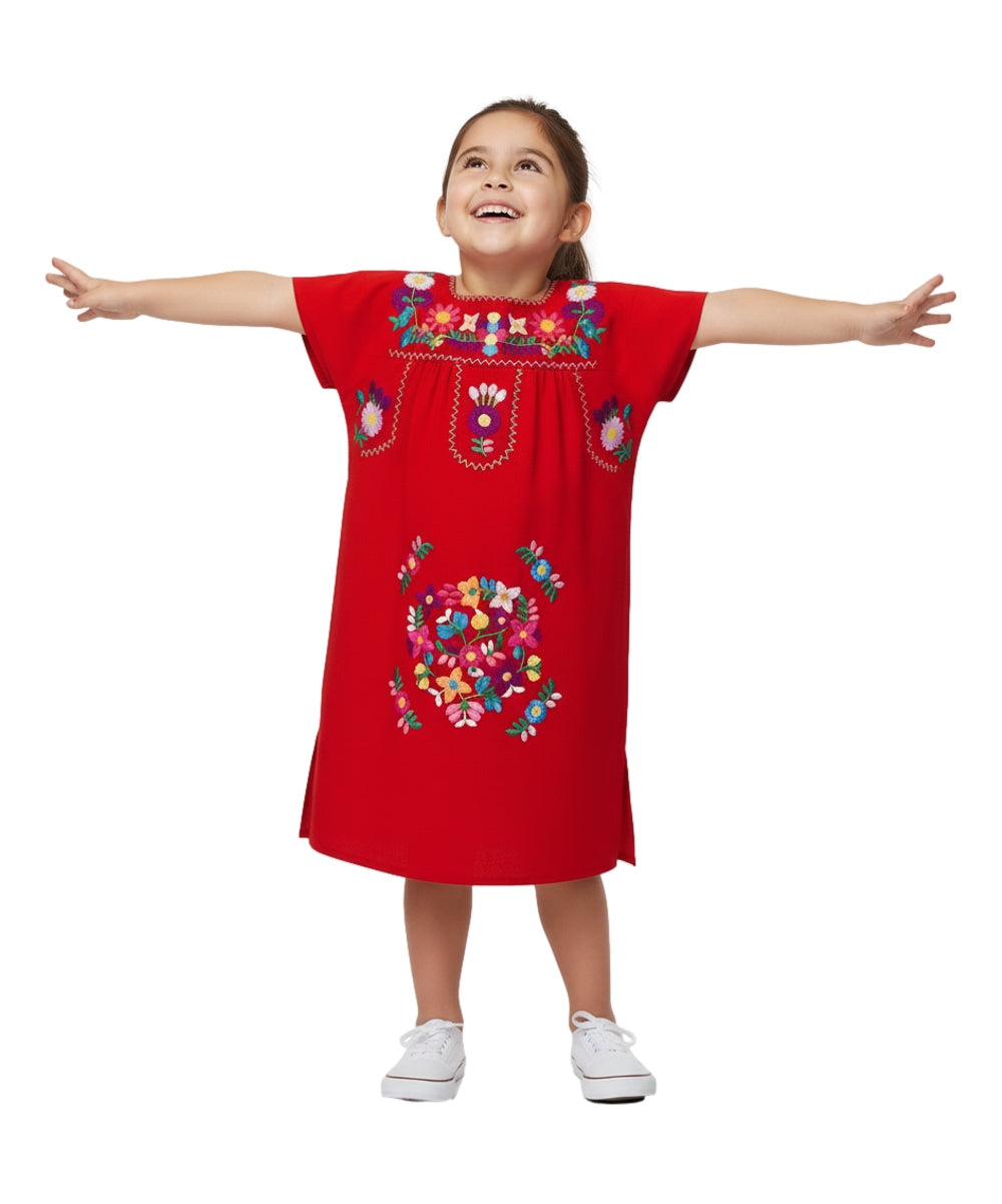 Traditional Mexican Girl Embroidered Dress - 100 Percent Cotton Fabric, Vibrant Embroidery, Knee Length, Multiple Colors, Sizes 2-8