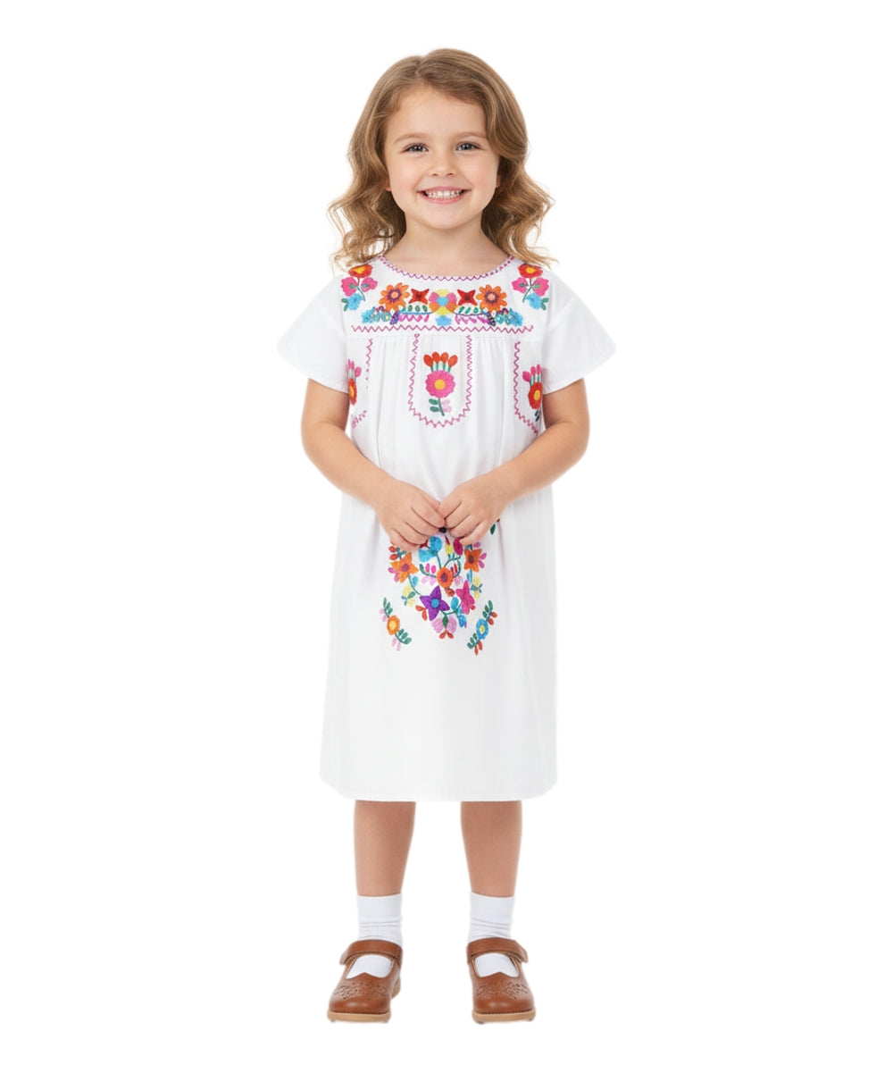 Traditional Mexican Girl Embroidered Dress - 100 Percent Cotton Fabric, Vibrant Embroidery, Knee Length, Multiple Colors, Sizes 2-8