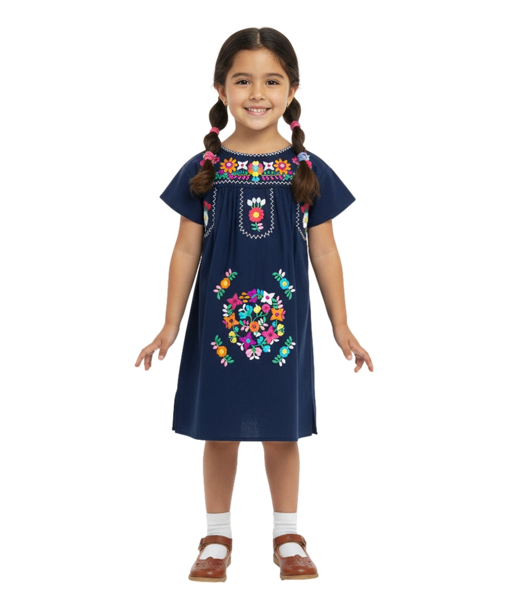 Traditional Mexican Girl Embroidered Dress - 100 Percent Cotton Fabric, Vibrant Embroidery, Knee Length, Multiple Colors, Sizes 2-8