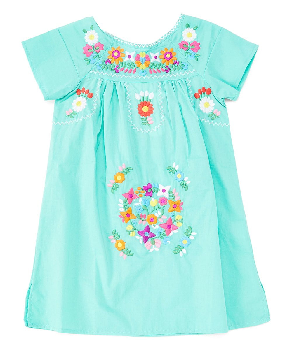 Traditional Mexican Girl Embroidered Dress - 100 Percent Cotton Fabric, Vibrant Embroidery, Knee Length, Multiple Colors, Sizes 2-8
