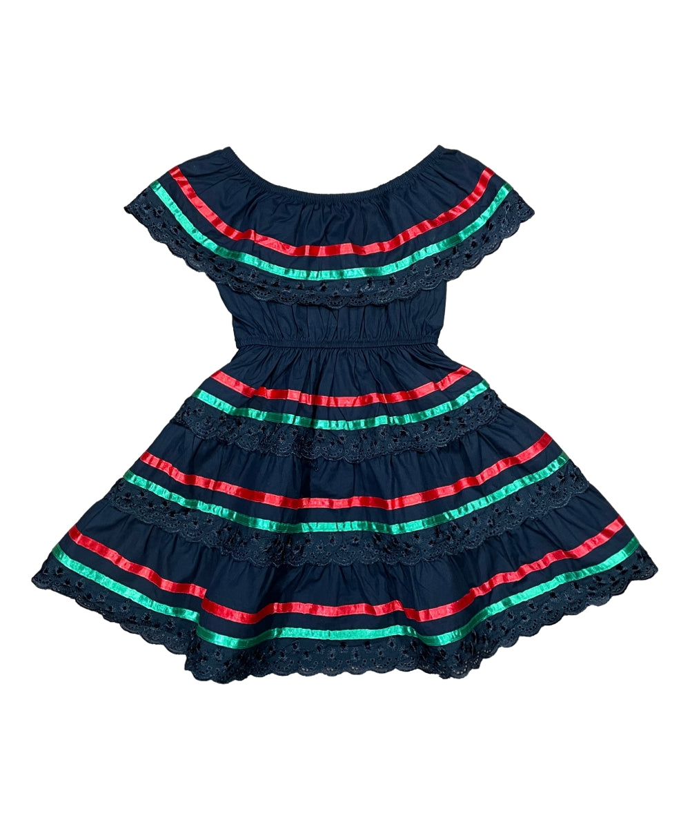 Traditional Mexican Cinco De Mayo Fiesta Dress Cotton Fabric - Black, Girls Dress, Sizes 2-14 (1 Piece)