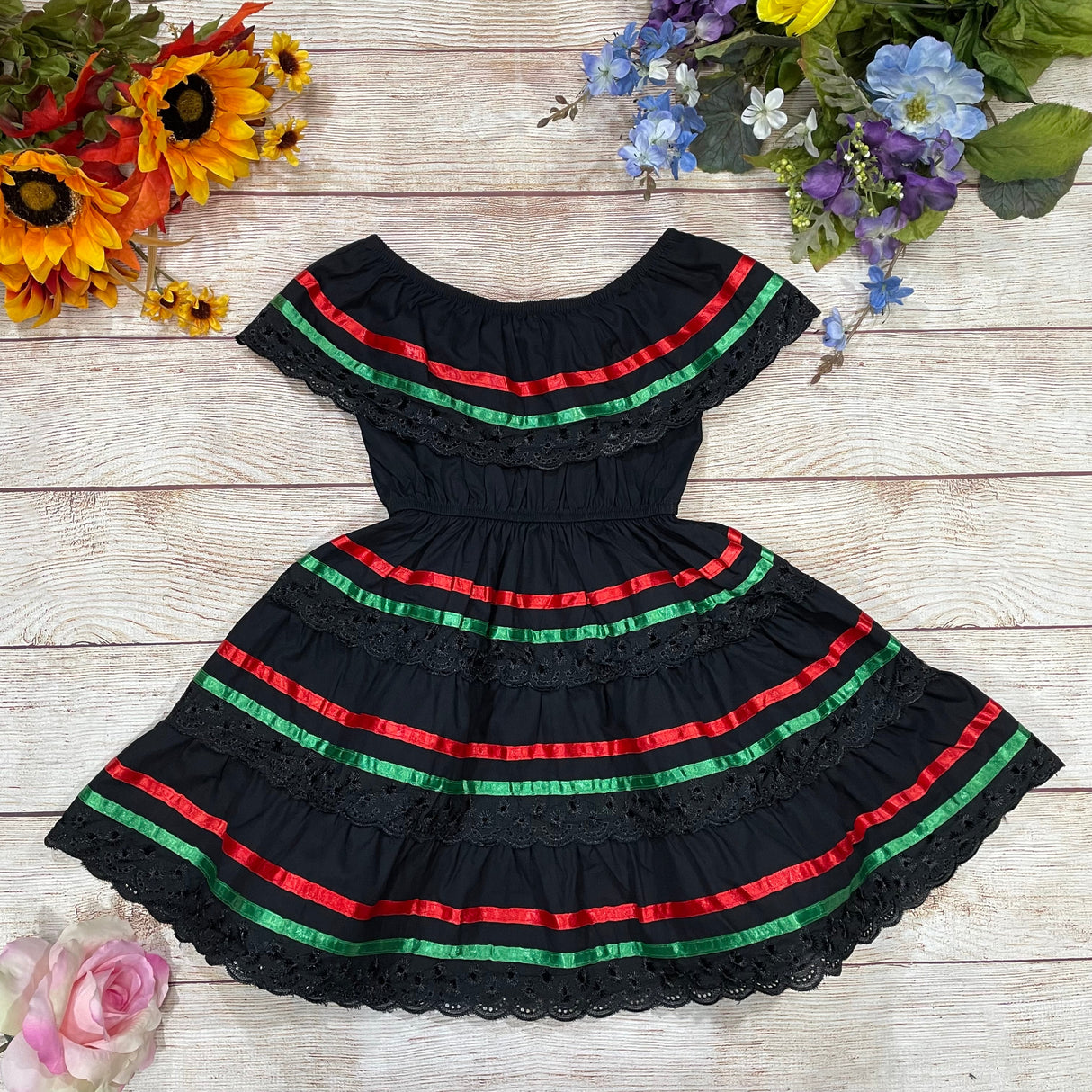 Traditional Mexican Cinco De Mayo Fiesta Dress Cotton Fabric - Black, Girls Dress, Sizes 2-14 (1 Piece)