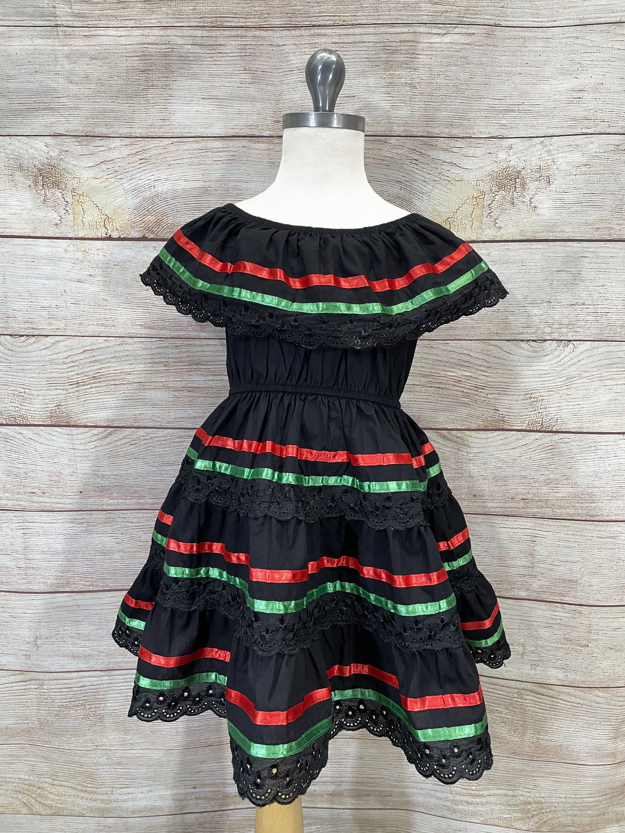 Traditional Mexican Cinco De Mayo Fiesta Dress Cotton Fabric - Black, Girls Dress, Sizes 2-14 (1 Piece)